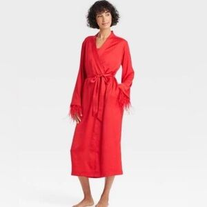 Red satin with feather trim sleeves woman’s robe- Auden